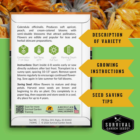 Survival Garden Seeds packaging with Calendula officinalis information on a green background