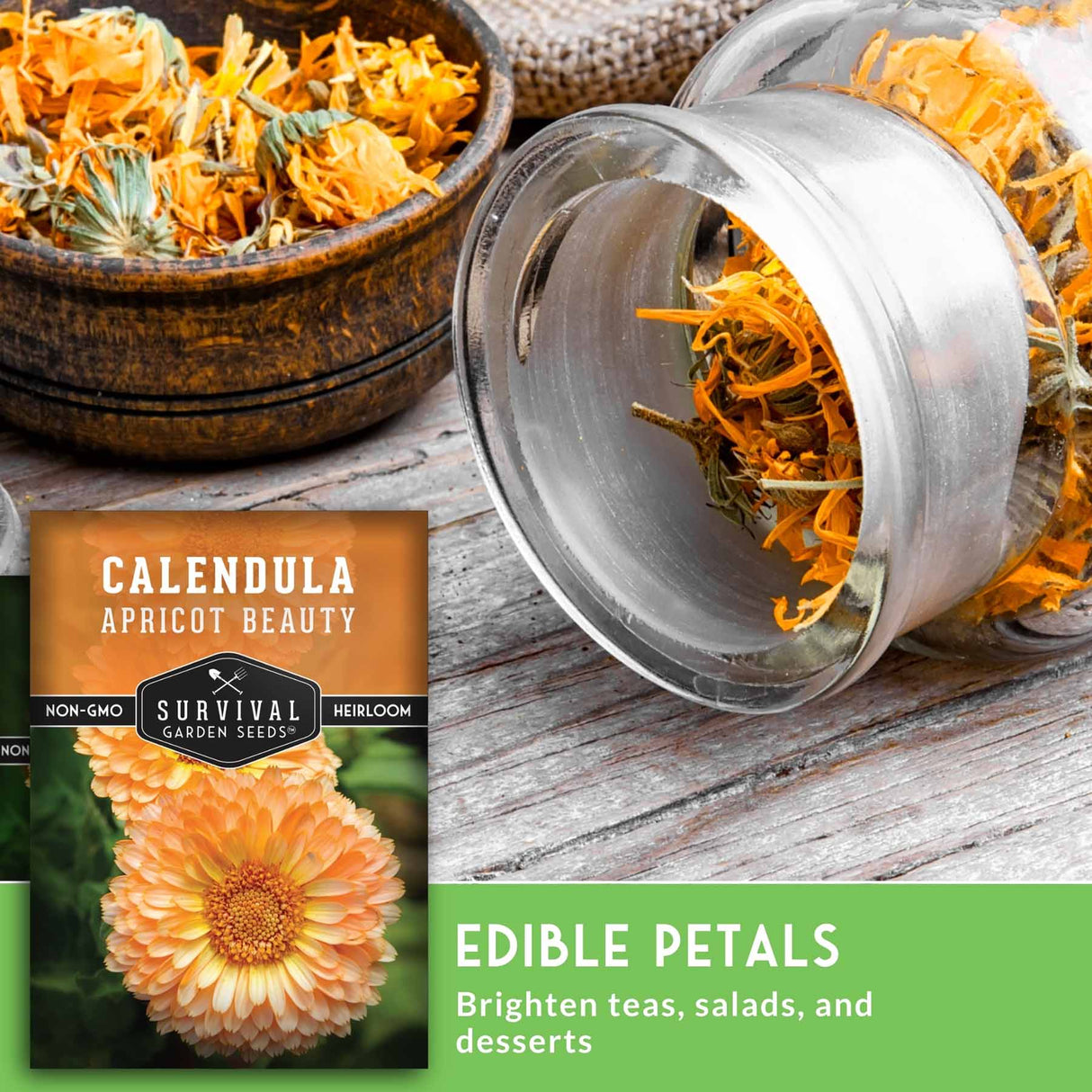 Dried calendula flowers in a glass jar with a seed packet labeled 'Calendula Apricot Beauty' on a wooden surface.