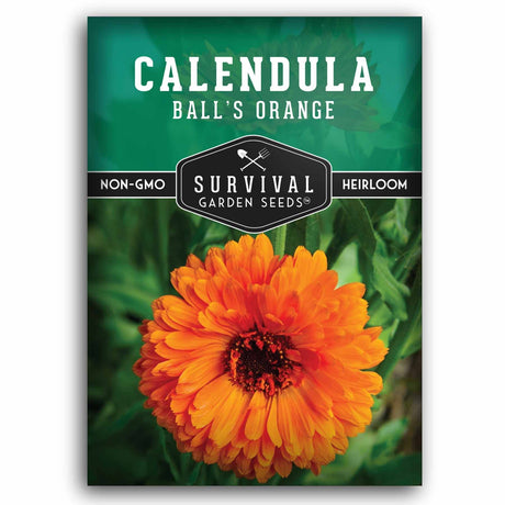 Survival Garden Seeds Calendula Ball's Orange seed packet with an orange flower on a green background