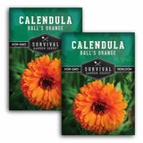 Two packages of Survival Garden Seeds Calendula Ball's Orange with images of calendula flowers on a white background.