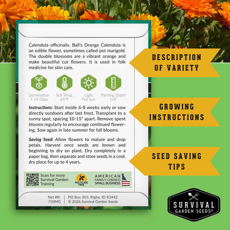 Survival Garden Seeds packaging with Calendula officinalis information on a green background with marigold flowers.