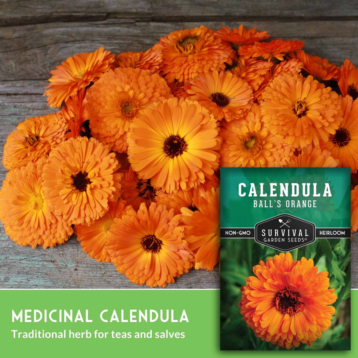 Calendula flowers with a seed packet labeled 'Survival Garden Seeds' on a wooden surface.