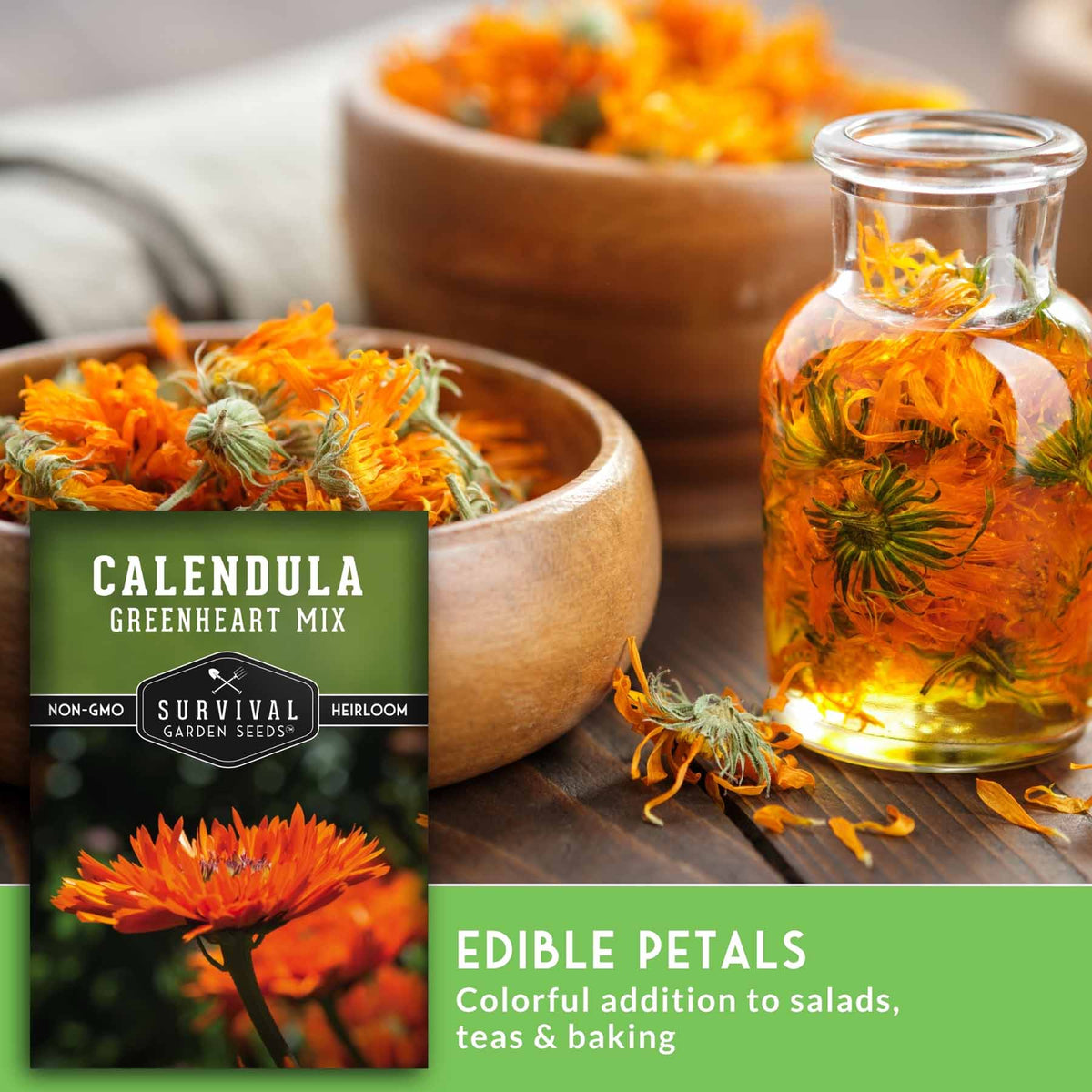 Seed packet for Calendula Greenheart Mix by Survival Garden Seeds, shown beside a glass bottle filled with orange edible petals and bowls of dried marigolds on a wooden surface.