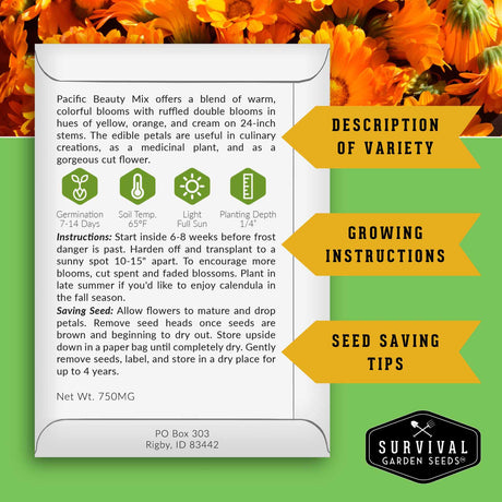 Seed packet for Pacific Beauty Mix with growing instructions and survival garden seeds branding.