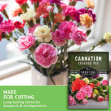 A bouquet of carnation cut flowers in pink, red, cream, and peach tones arranged in a white vase, with a green promotional banner reading 'MADE FOR CUTTING' and a seed packet labeled 'CARNATION CHABAUD MIX' in the lower right.