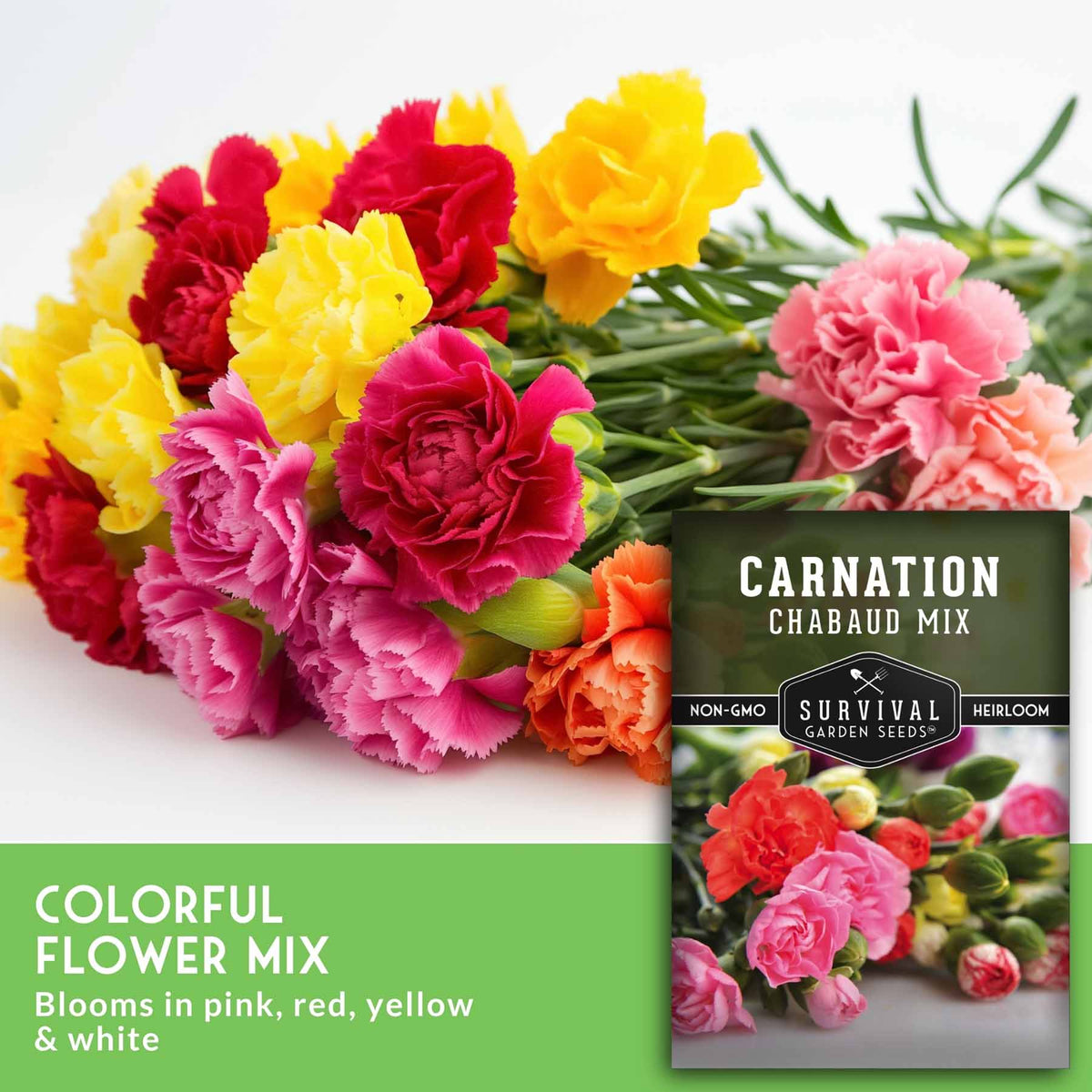 A bouquet of carnation flowers in pink, red, yellow, and orange with green stems, alongside a seed packet labeled 'Carnation Chabad Mix' and a green text banner reading 'COLORFUL FLOWER MIX' and 'Blooms in pink, red, yellow & white'.