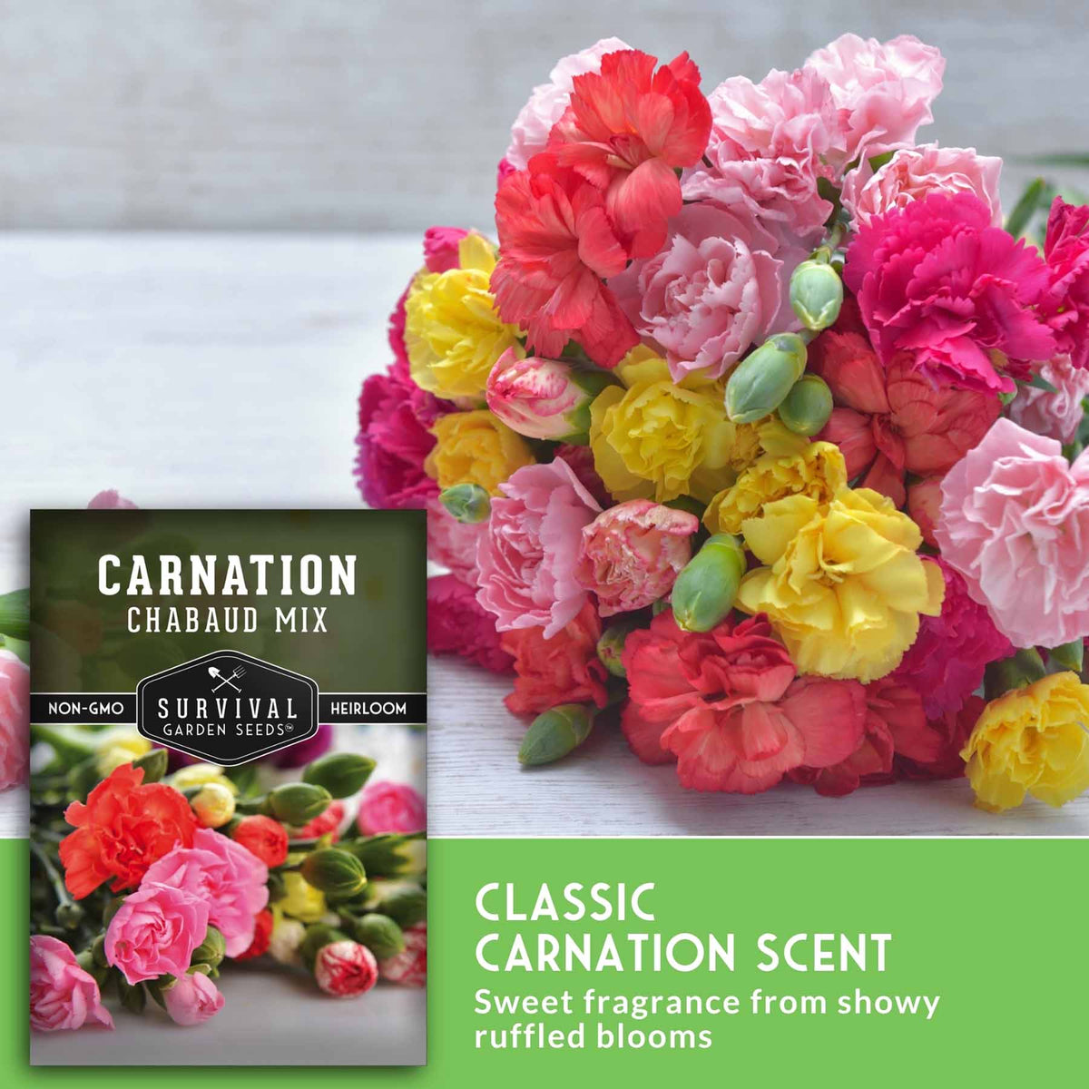 A bouquet of carnation flowers in pink, red, yellow, and peach tones on a light surface, with a seed packet labeled 'Carnation Chabaud Mix' and text reading 'Classic Carnation Scent' and 'Sweet fragrance from showy ruffled blooms.'.