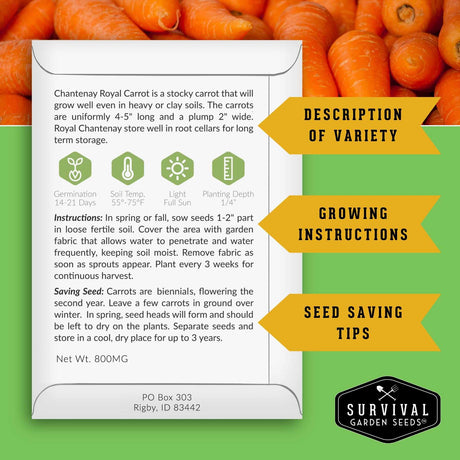A printed card with growing information for Chantenay Royal carrot seeds, shown over a background of green and orange carrots. The card includes variety description, growth facts, planting instructions, seed-saving tips, and the Survival Garden Seeds logo.