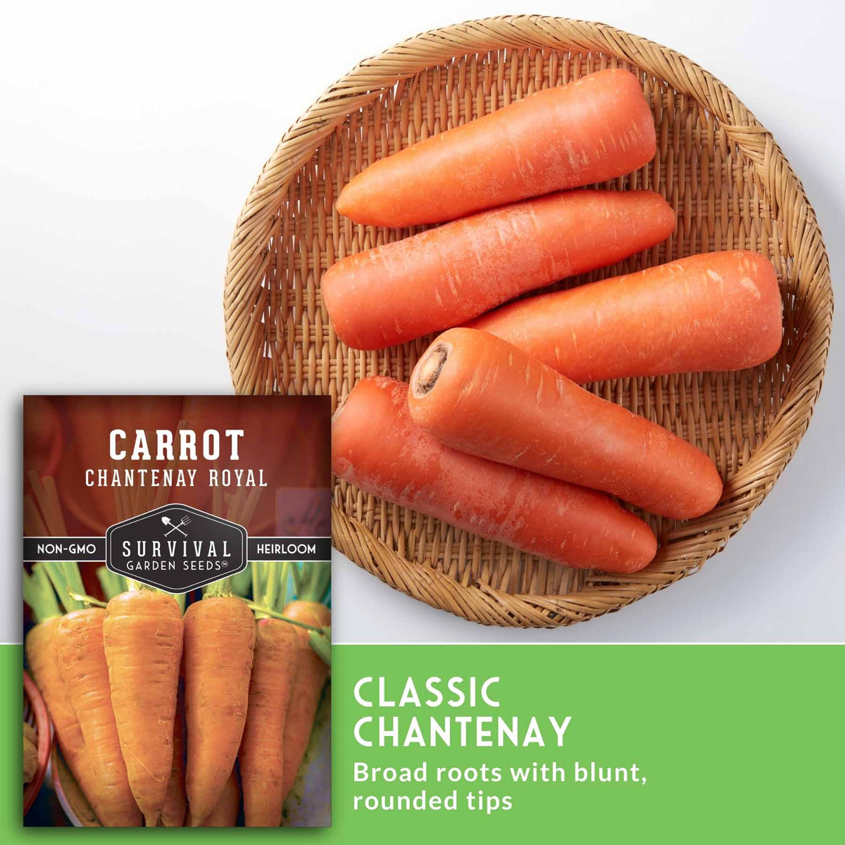 A seed packet for Survival Garden Seeds Carrot Chantenay Royal is shown next to a round woven basket filled with fresh orange carrots on a white background, with a green text banner at the bottom describing the carrots.