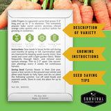 A digital flyer or informational card for 'Little Fingers' carrot seeds by Survival Garden Seeds, displayed on a smartphone screen mockup. The screen shows growing tips, instructions, and seed-saving advice against a green background.