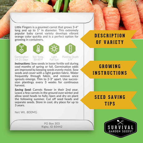 A digital flyer or informational card for 'Little Fingers' carrot seeds by Survival Garden Seeds, displayed on a smartphone screen mockup. The screen shows growing tips, instructions, and seed-saving advice against a green background.