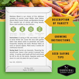 An informational product graphic for Survival Garden Seeds' Rainbow Blend carrot mix. The central white card lists variety details, growing instructions, and seed-saving tips with icons, set against a green background with carrots on the top and right, and yellow callout arrows pointing to sections labeled 'Description of Variety', 'Growing Instructions', and 'Seed Saving Tips'.