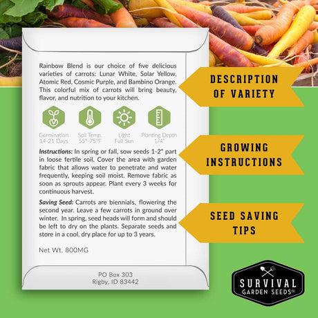 An informational product graphic for Survival Garden Seeds' Rainbow Blend carrot mix. The central white card lists variety details, growing instructions, and seed-saving tips with icons, set against a green background with carrots on the top and right, and yellow callout arrows pointing to sections labeled 'Description of Variety', 'Growing Instructions', and 'Seed Saving Tips'.