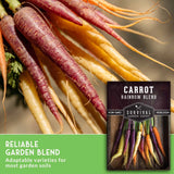 A close-up of fresh multicolored carrots with purple, orange, and cream roots, alongside a seed packet labeled 'Carrot Rainbow Blend' and a green text banner reading 'Reliable Garden Blend' and 'Adaptable varieties for most garden soils.'.