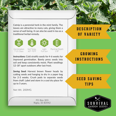 Survival Garden Seeds packaging with text on a green background