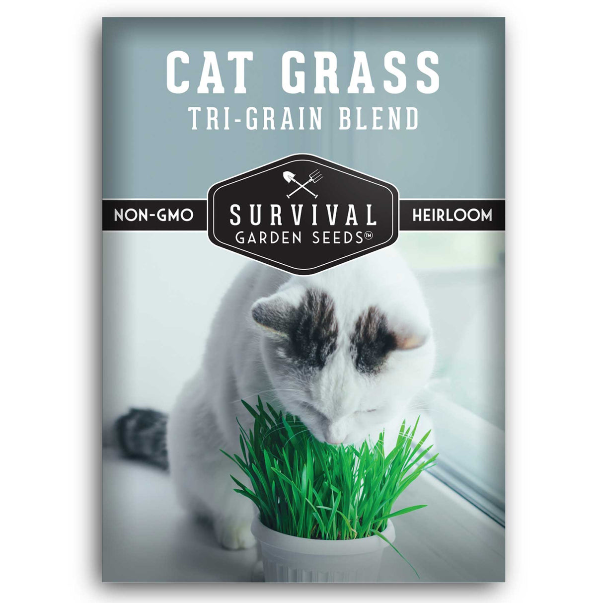 Cat grass seed packet with a cat eating grass, branded as Survival Garden Seeds.