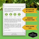 An informational card for Survival Garden Seeds about Catrip, featuring growing instructions, seed saving tips, and care icons on a green background with yellow callout arrows.