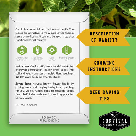 An informational card for Survival Garden Seeds about Catrip, featuring growing instructions, seed saving tips, and care icons on a green background with yellow callout arrows.