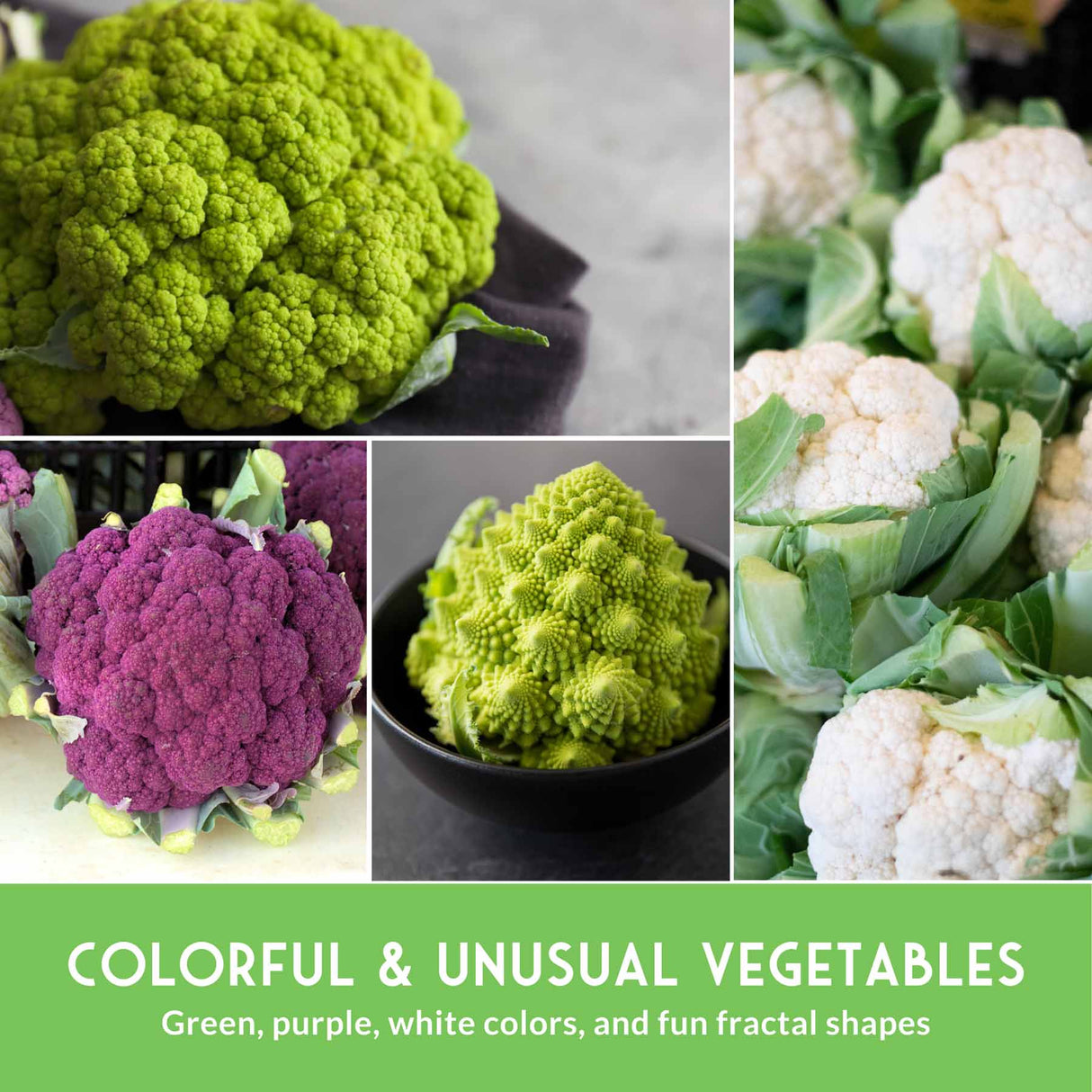 Collage of various colorful and unusual vegetables including green, purple, and white cauliflowers.