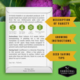 Informational seed packet for Di Sicilia Violetto cauliflower including growing and seed saving instructions.