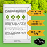 An informational product card for Survival Garden Seeds featuring text and icons for Green Macerata, with three yellow callout banners reading 'Description of Variety,' 'Growing Instructions,' and 'Seed Saving Tips,' set against a green leaf background.