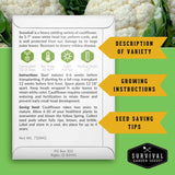 An informational product card for Survival Garden Seeds' Snowball variety of cauliflower, set against a background of green leaves and white cauliflower florets. The card contains text and icons detailing growing instructions, seed saving tips, and variety characteristics.