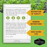 An informational product card for a Chinese celery indoor container plant from Survival Garden Seeds, featuring growing instructions, seed saving tips, and care icons on a green background with blooming celery plants.