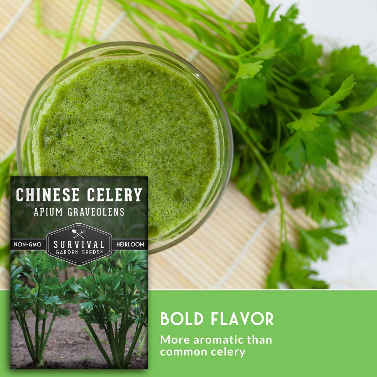 A glass bowl filled with bright green Chinese celery puree, shown with a seed packet labeled 'Chinese Celery' and fresh celery greens on a bamboo mat. Text at the bottom reads 'Bold Flavor' and 'More aromatic than common celery.