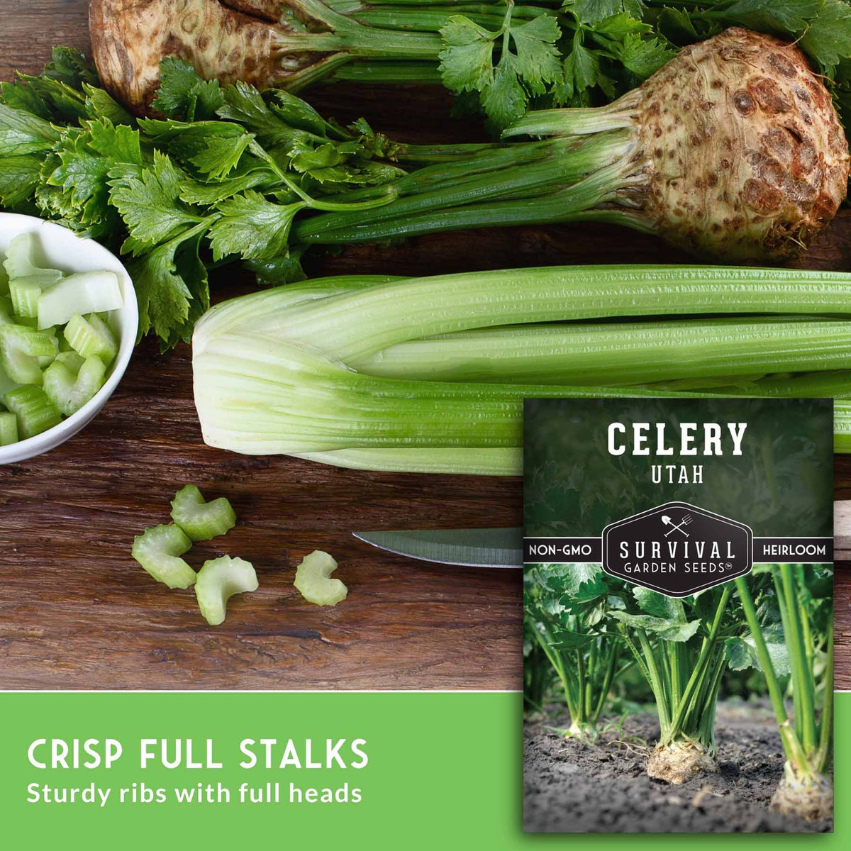 Celery seeds from Survival Garden Seeds, labeled 'Celery Utah', shown in an inset packet over a rustic wooden background with fresh celery stalks, chopped celery in a small bowl, and a knife. A green banner at the bottom reads 'CRISP FULL STALKS'.