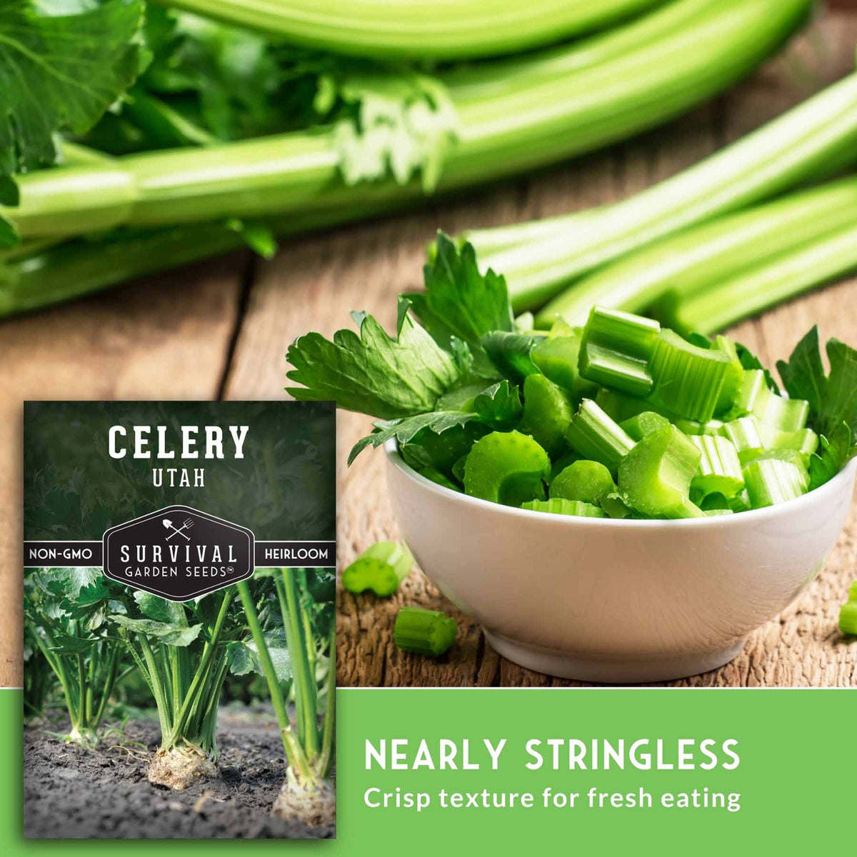 Celery seeds from Survival Garden Seeds, variety 'Celery Utah', shown alongside fresh celery stalks and chopped celery in a white bowl on a rustic wooden table, with a green text banner at the bottom.