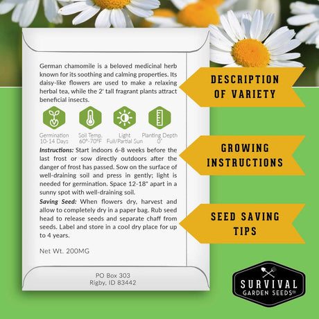 A product information card for German chamomile from Survival Garden Seeds, displayed on a green background with a daisy flower and three yellow callout arrows labeled 'Description of Variety', 'Growing Instructions', and 'Seed Saving Tips'.