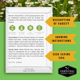 Informational seed packet back with growing and seed saving instructions
