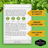 A vertical white label card with text and icons about Chervil, overlaid on a green leafy garden background. The card includes variety description, growing instructions, planting depth, germination, and saving seed information.