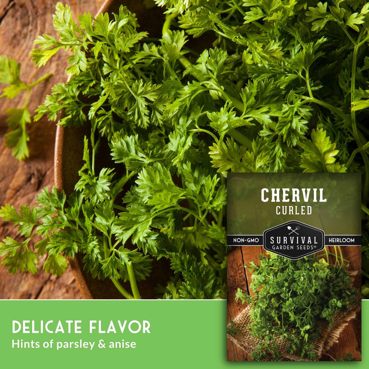 Fresh curly chervil herbs in a rustic bowl with a seed packet labeled 'Chervil Curled' by Survival Garden Seeds, plus text reading 'Delicate Flavor' and 'Hints of parsley & anise'.