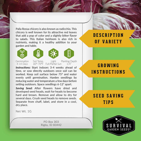 An informational product card for Palla Rossa chicory from Survival Garden Seeds, set against a background of fresh red chicory leaves. The card features product details, growing instructions, and seed-saving tips, with yellow callout arrows pointing to 'Description of Variety', 'Growing Instructions', and 'Seed Saving Tips'.
