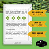 Seed packet for garlic chives with growing instructions and seed saving tips on a green background.