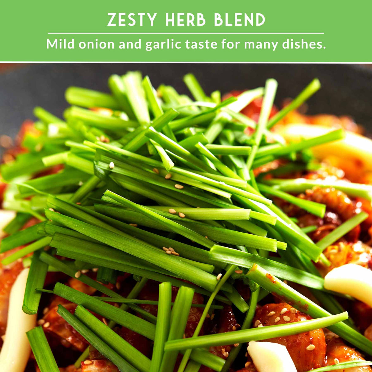 Zesty herb blend on top of a dish with text about mild onion and garlic taste.