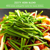 Zesty herb blend on top of a dish with text about mild onion and garlic taste.