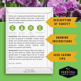 A promotional graphic for Survival Garden Seeds Chives, featuring a white card with growing instructions, care icons, and variety description, set against a background of blooming purple chive flowers with yellow callout banners.
