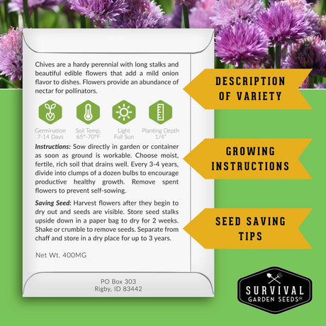 A promotional graphic for Survival Garden Seeds Chives, featuring a white card with growing instructions, care icons, and variety description, set against a background of blooming purple chive flowers with yellow callout banners.