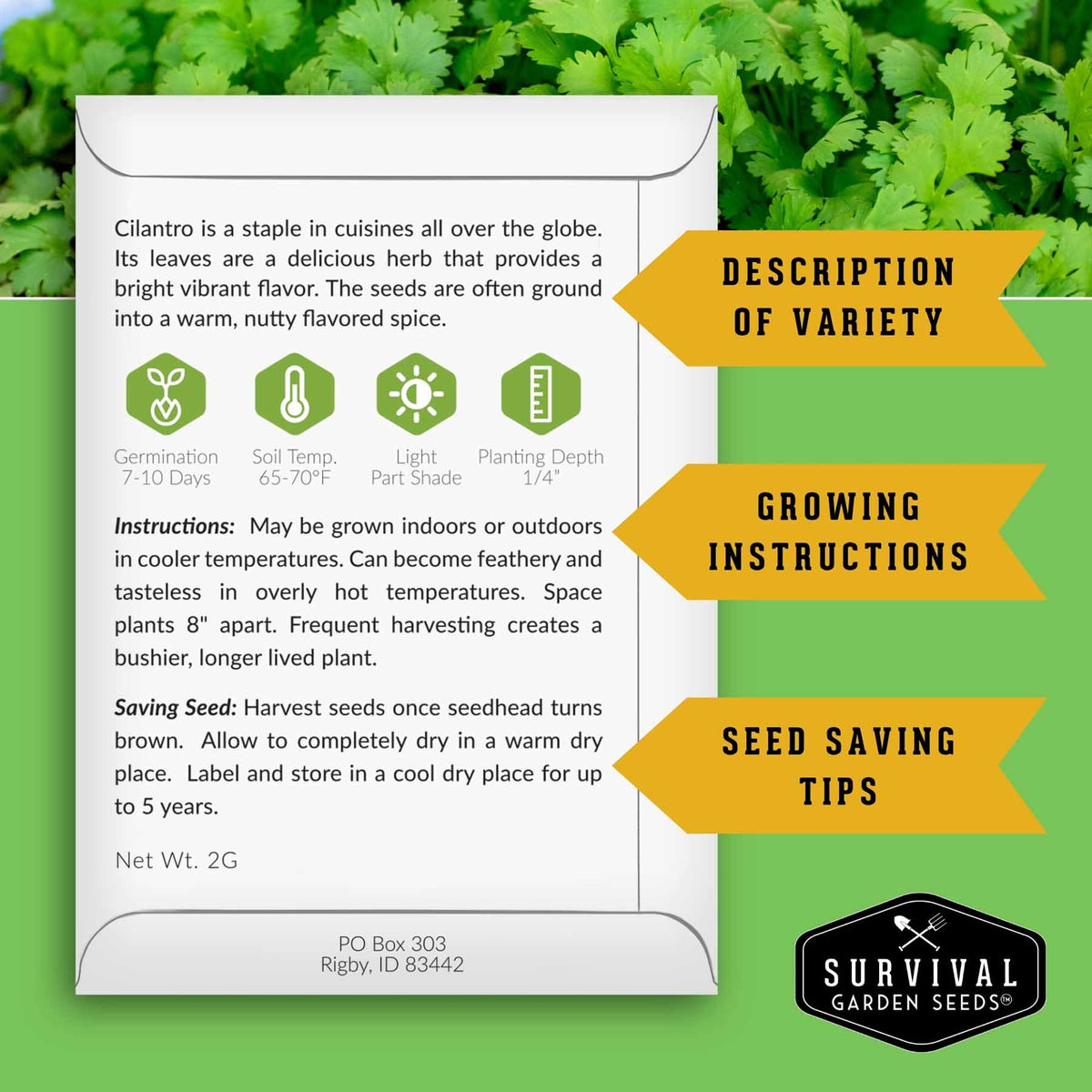 Informational back of seed packet containing sowing, growing and seed saving information.