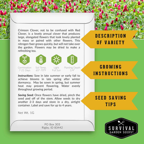A product information card for Survival Garden Seeds' Crimson Clover, featuring growing instructions, seed saving tips, and care icons on a green background with blooming flowers.