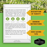 A product information card for Dutch white clover seed from Survival Garden Seeds, set against a background of blooming white flowers. The card features product details, growing instructions, seed saving tips, and a timeline of germination, soil temp, light, and planting depth, highlighted with yellow arrows pointing to sections labeled 'Description of Variety', 'Growing Instructions', and 'Seed Saving Tips'.