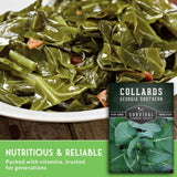 Cooked collard greens with text that says Nutritious and reliable