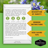 An informational product graphic for Columbine seeds from Survival Garden Seeds, featuring a white card with planting instructions, icons, and variety description, alongside yellow banners with growing tips and a background of blue columbine flowers on a green textured backdrop.