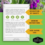 An informational product card for Comfrey seeds from Survival Garden Seeds, featuring growing instructions, seed saving tips, and care icons on a green and purple floral background.