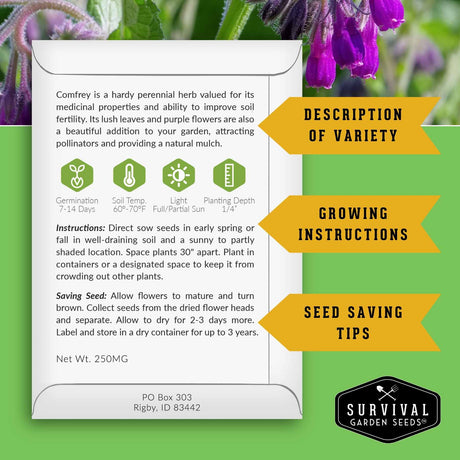 An informational product card for Comfrey seeds from Survival Garden Seeds, featuring growing instructions, seed saving tips, and care icons on a green and purple floral background.
