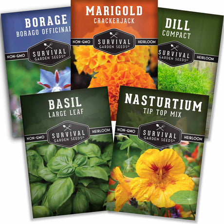 Five packets of Survival Garden Seeds with images of plants and flowers on a white background.