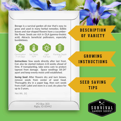 Seed packet with growing instructions and product details on a green background