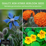 Promotional image for Survival Garden Seeds featuring non-hybrid heirloom seeds with images of blue borage, orange marigolds, and yellow nasturtiums.